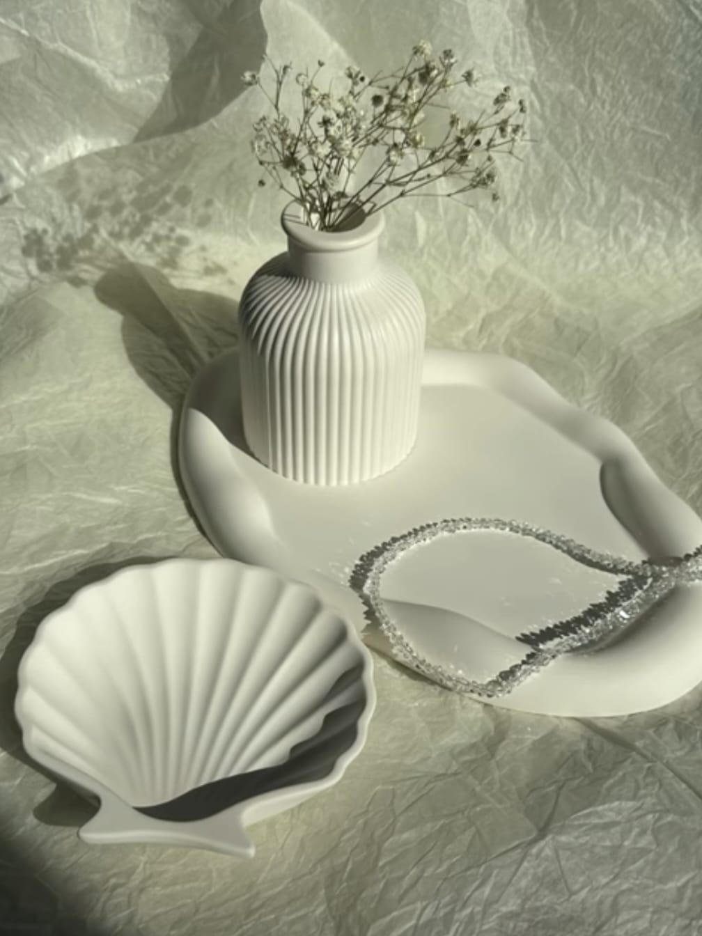 Decorative Large Irregular Cloud Tray, Ribbed Vase, Shell tray Handmade Concrete Set Bundle 06