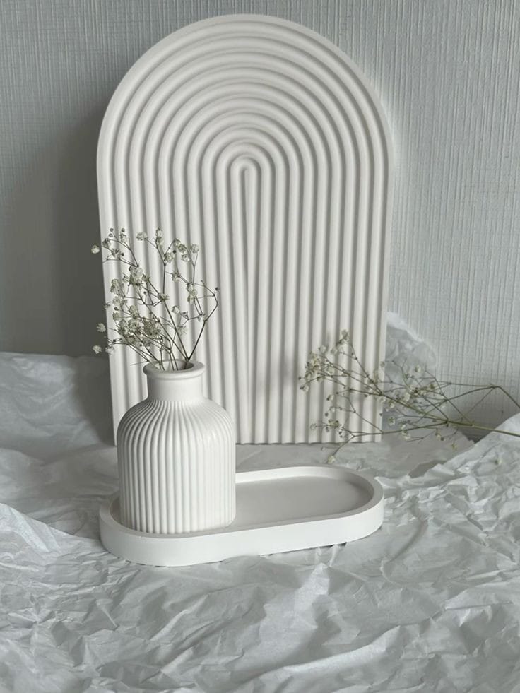 Decorative Large Rainbow Arch Tray, Oval tray, Ribbed Vase Handmade Concrete Set Bundle 07