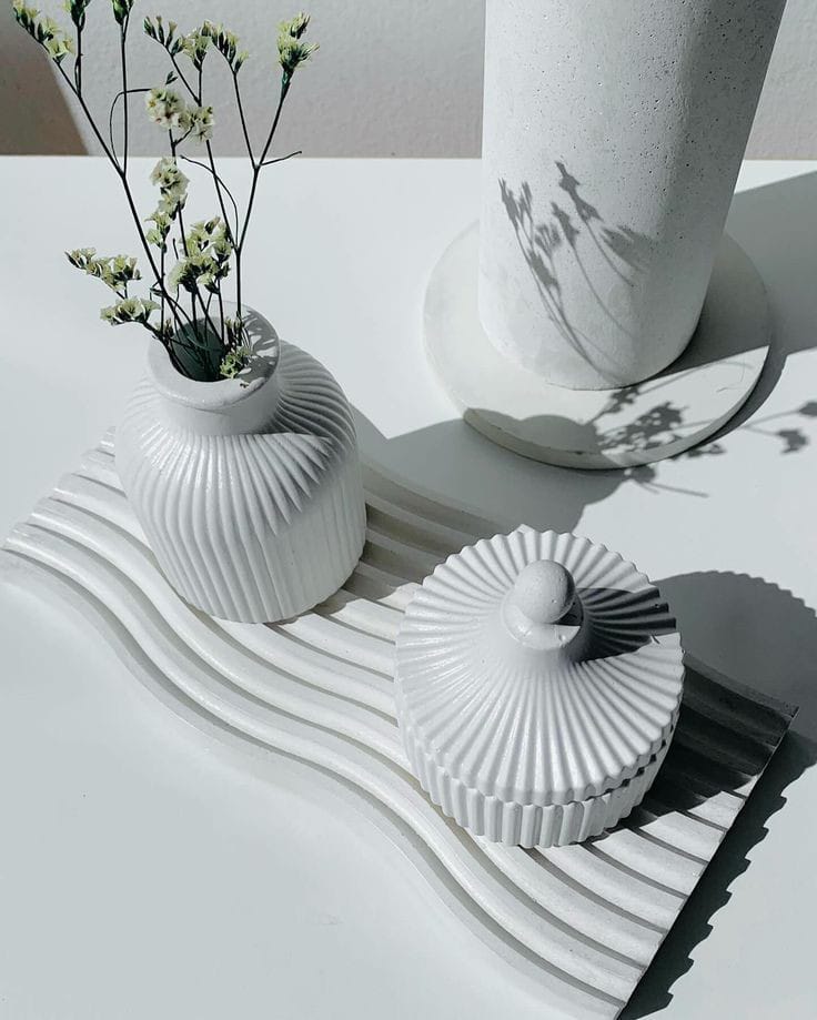 Decorative Wave Tray, Ribbed Vase, Trinket jar Handmade Concrete Set Bundle 04