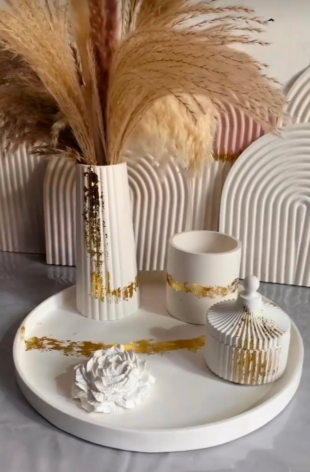 Round Tray , Strip Vase, Round Jar , Succulent Flower and Trinket Jar Bundle 75 With Gold Foil