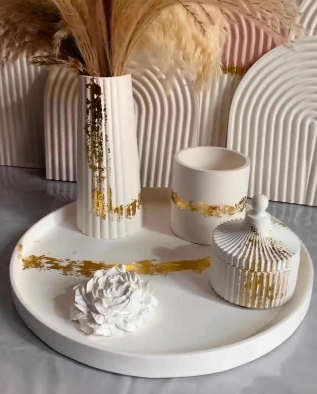 Round Tray , Strip Vase, Round Jar , Succulent Flower and Trinket Jar Bundle 75 With Gold Foil