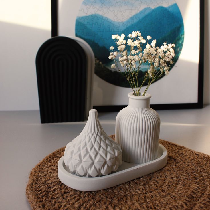 Decorative Oval Tray, Diamond  Jar, Ribbed Vase for dried flowers  Handmade Concrete Set Bundle 31