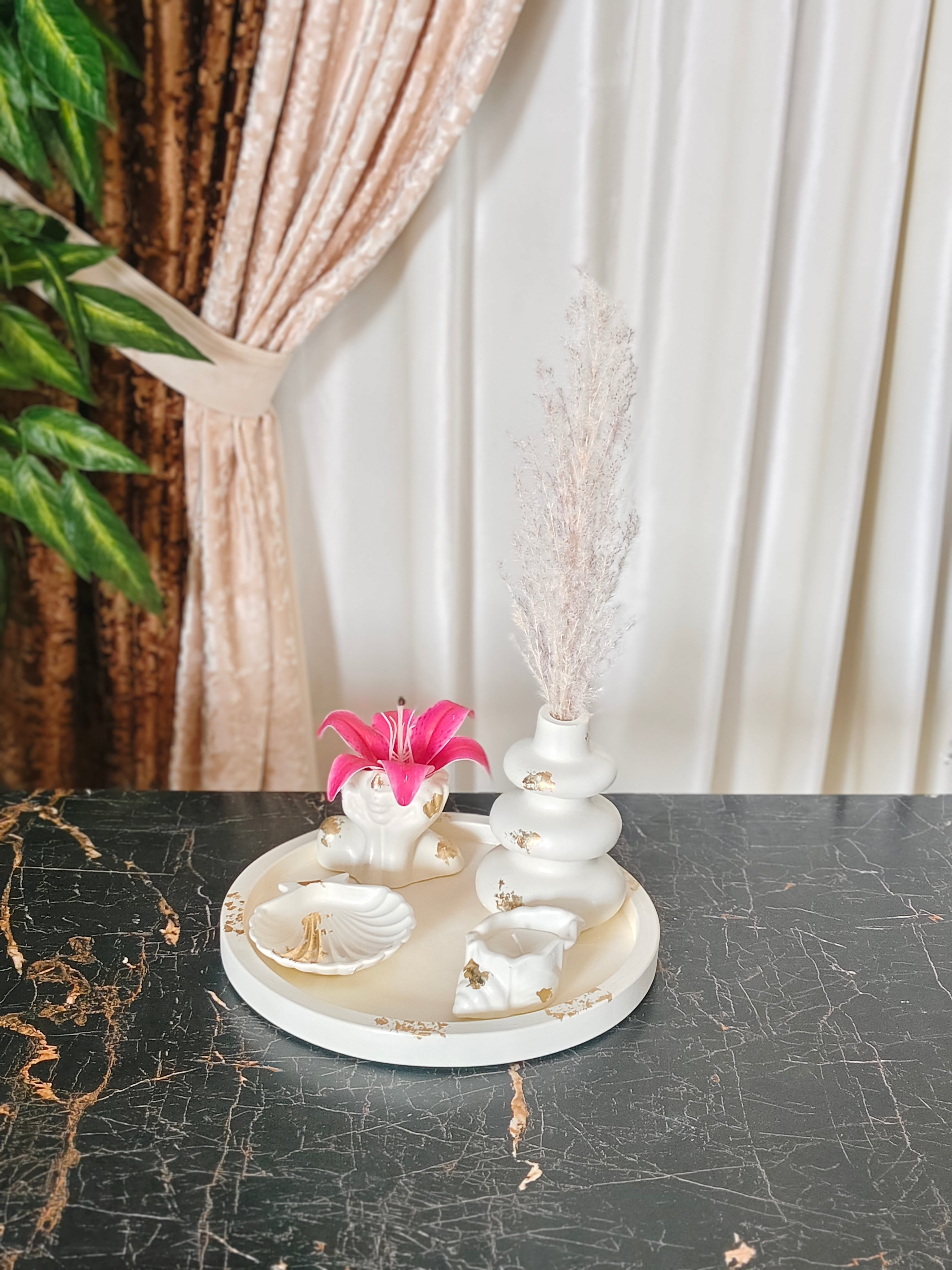 Large Round Tray, Nordic Vase, Sea Shell, Shell Tray & Half Face Pot Bundle 53 With Gold Foil