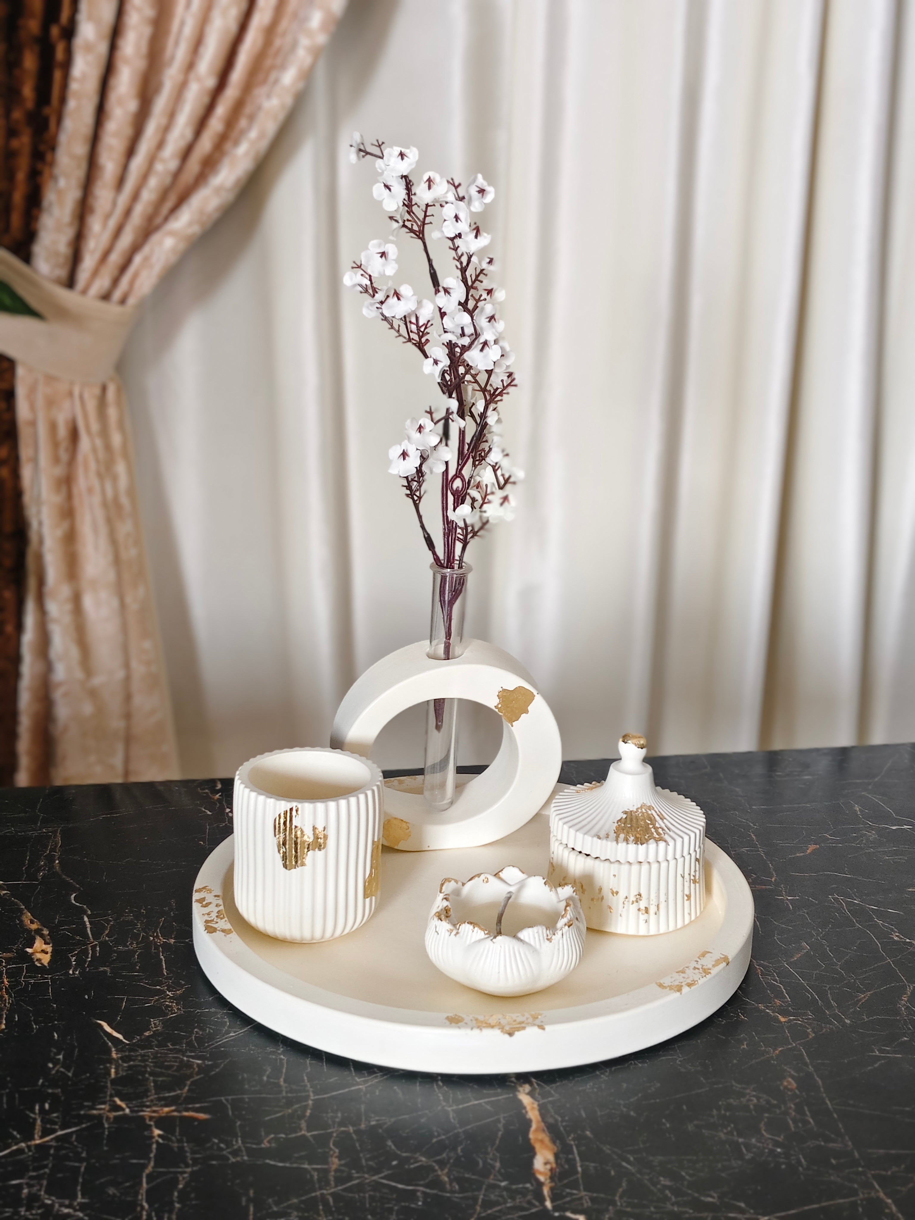 Large Round Tray, Trinket Jar, Striped jar, Lotus Flower & Oval Vase Bundle 02 with gold foil