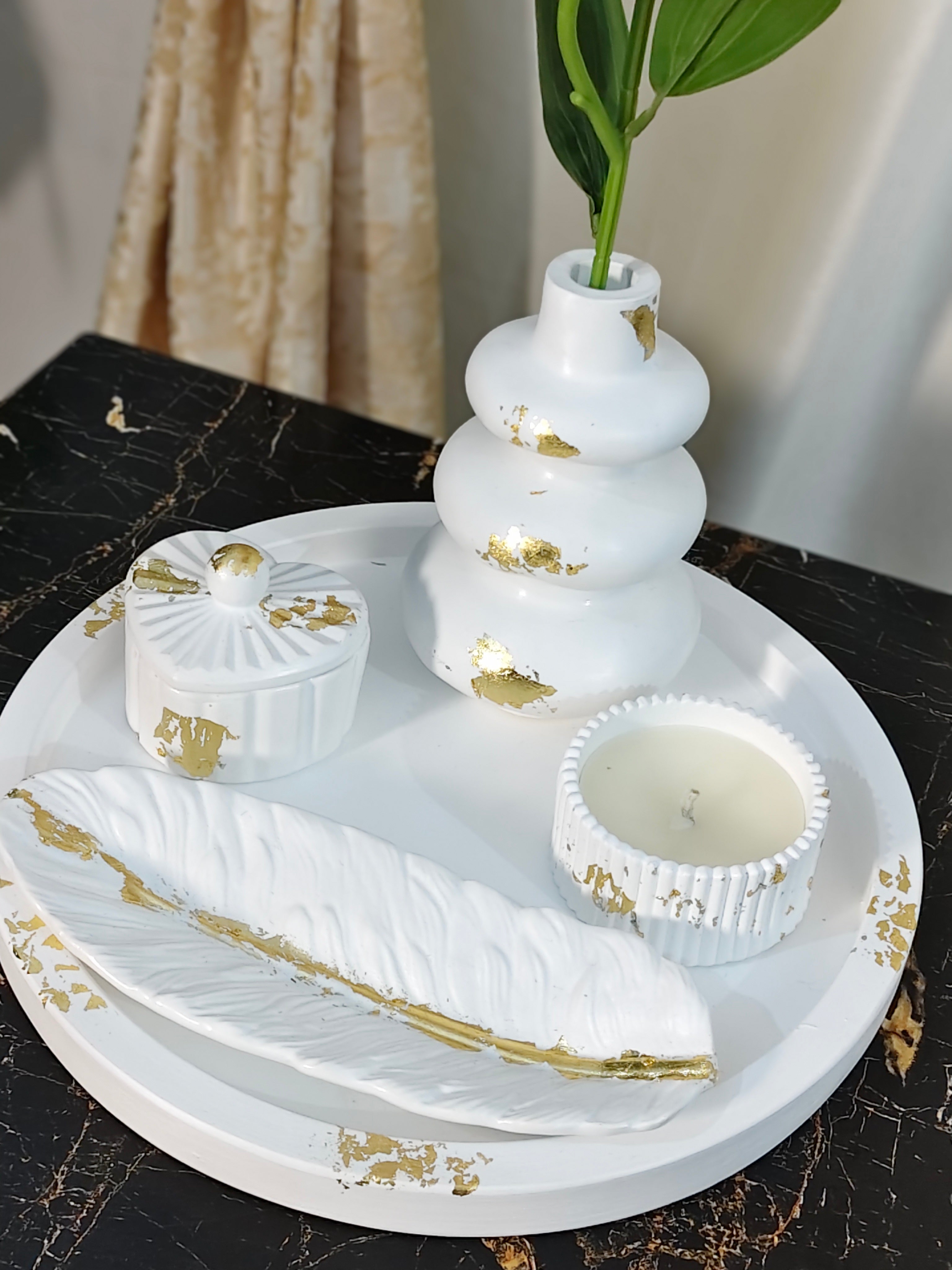 Round Tray, Nordic Vase,Heart Jar, Trinket pot & Feather Leaf Bundle 77 With Gold foil