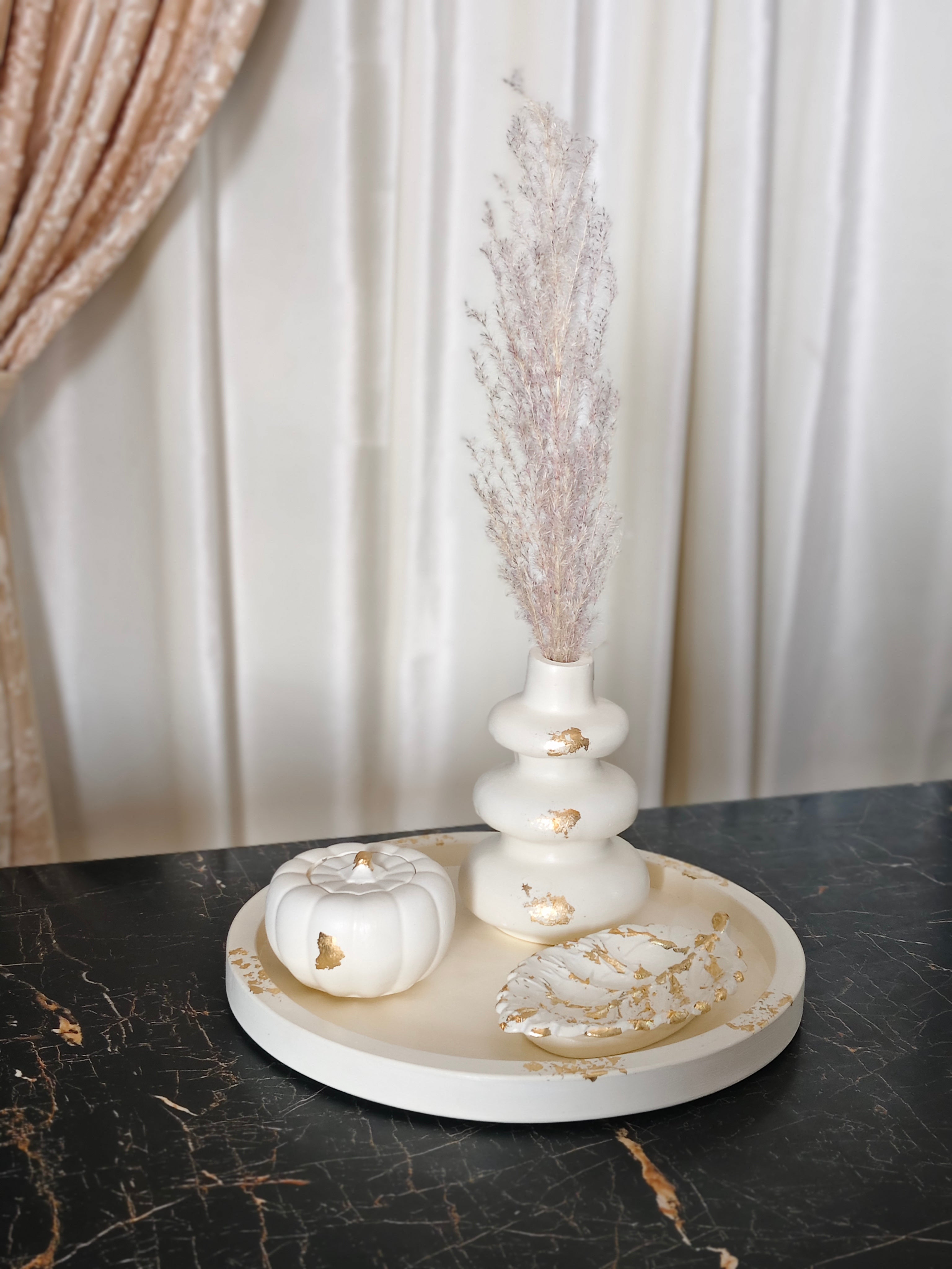 Large Round Tray, Nordic Vase, Pumpkin jar & Leaf Tray Bundle 57 with Gold Foil