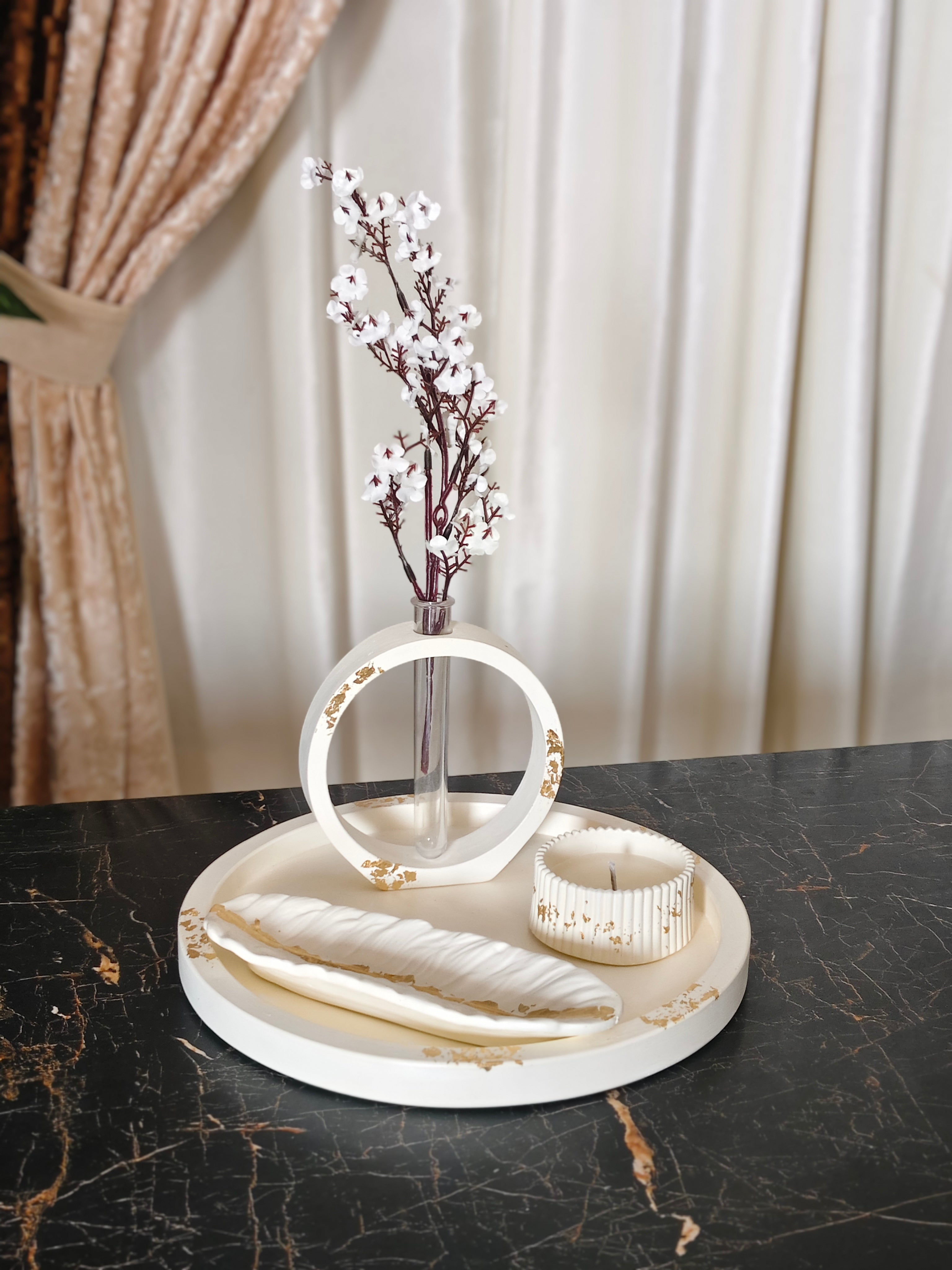 Large Round Tray, Trinket Jar pot, Feather leaf & Circle Vase Bundle 15 With Gold Foil