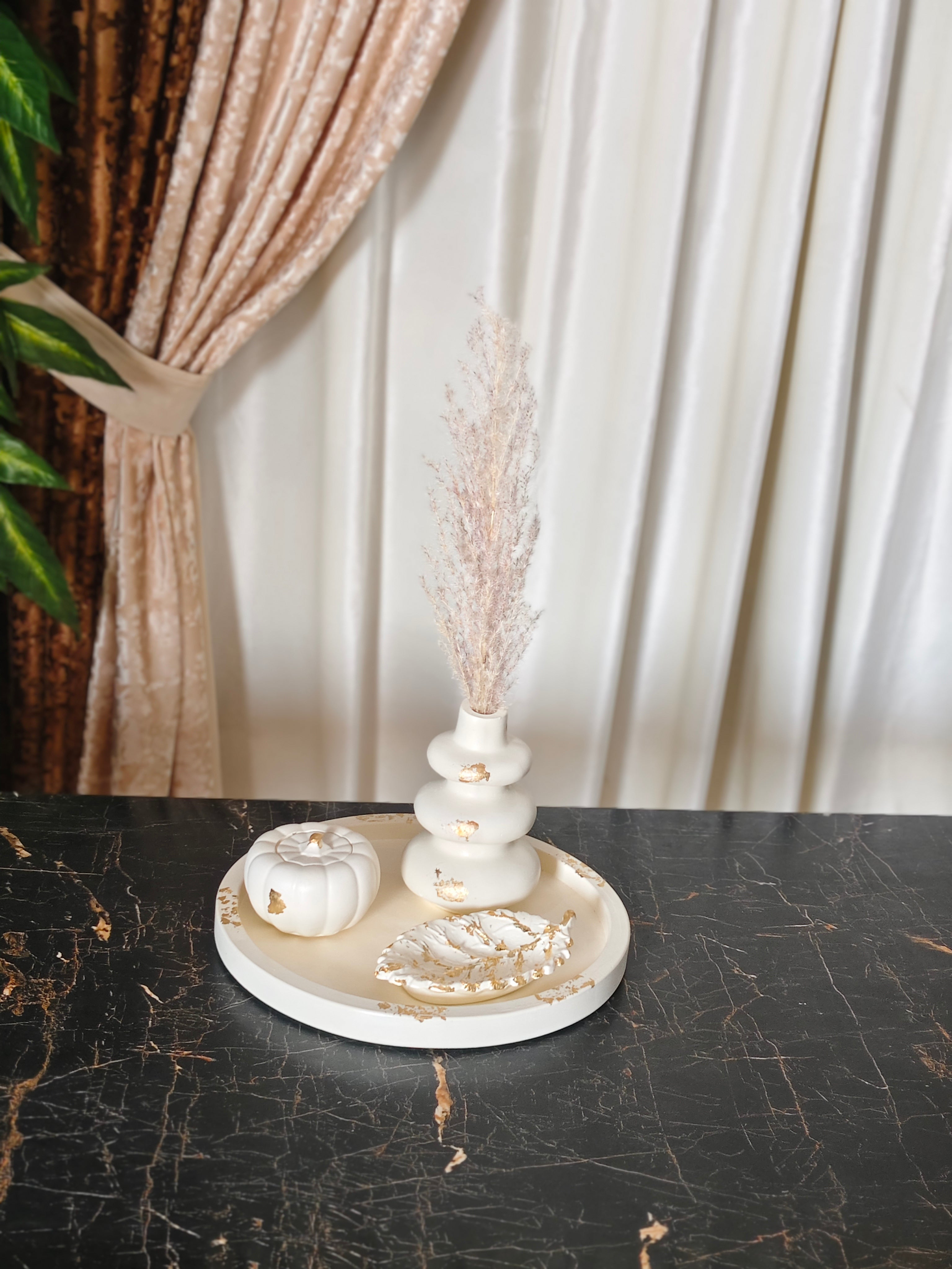 Large Round Tray, Nordic Vase, Pumpkin jar & Leaf Tray Bundle 57 with Gold Foil