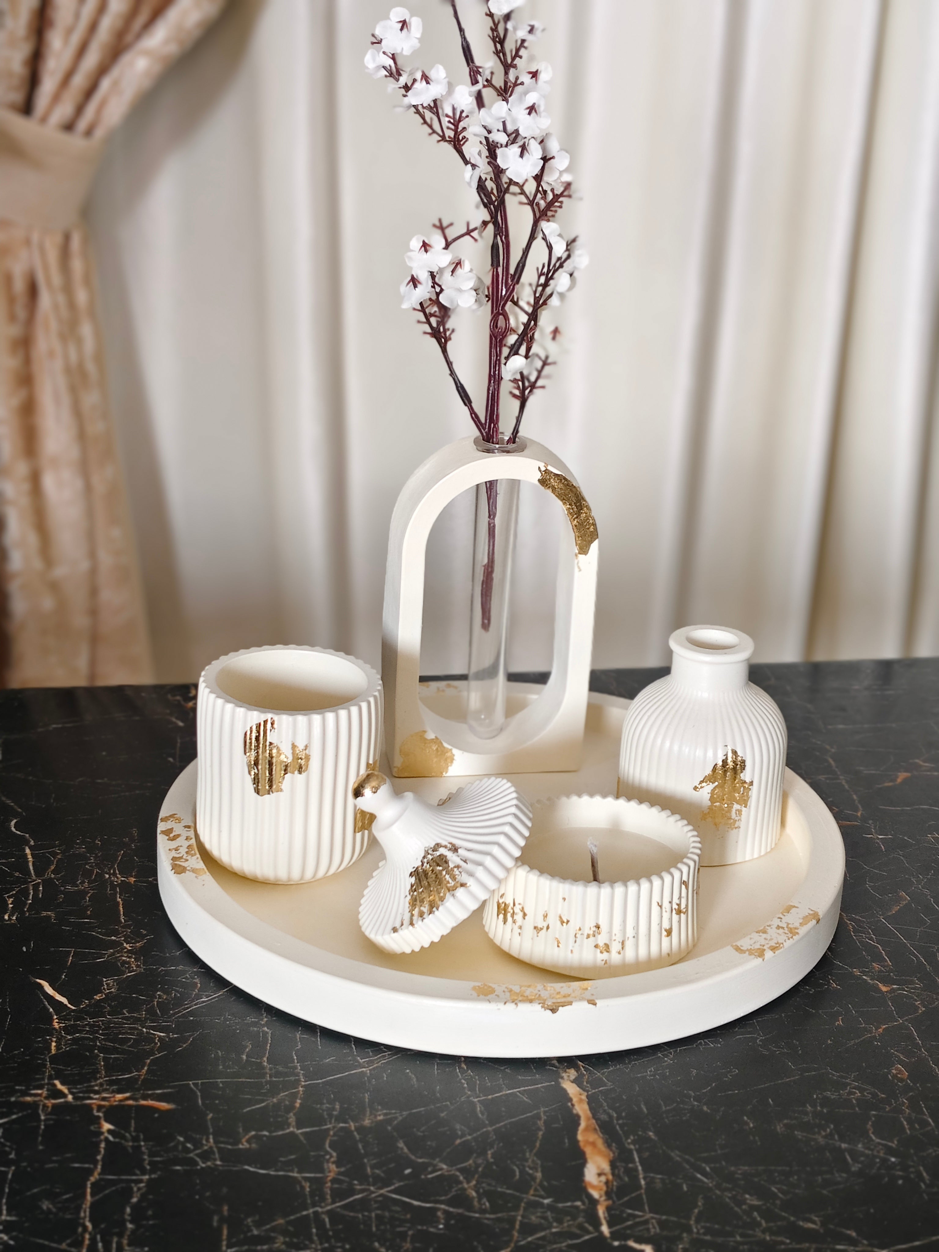Round Tray, Trinket Jar,Striped jar, Ribbed Vase & Propagation Vase Bundle 20 With Gold foil