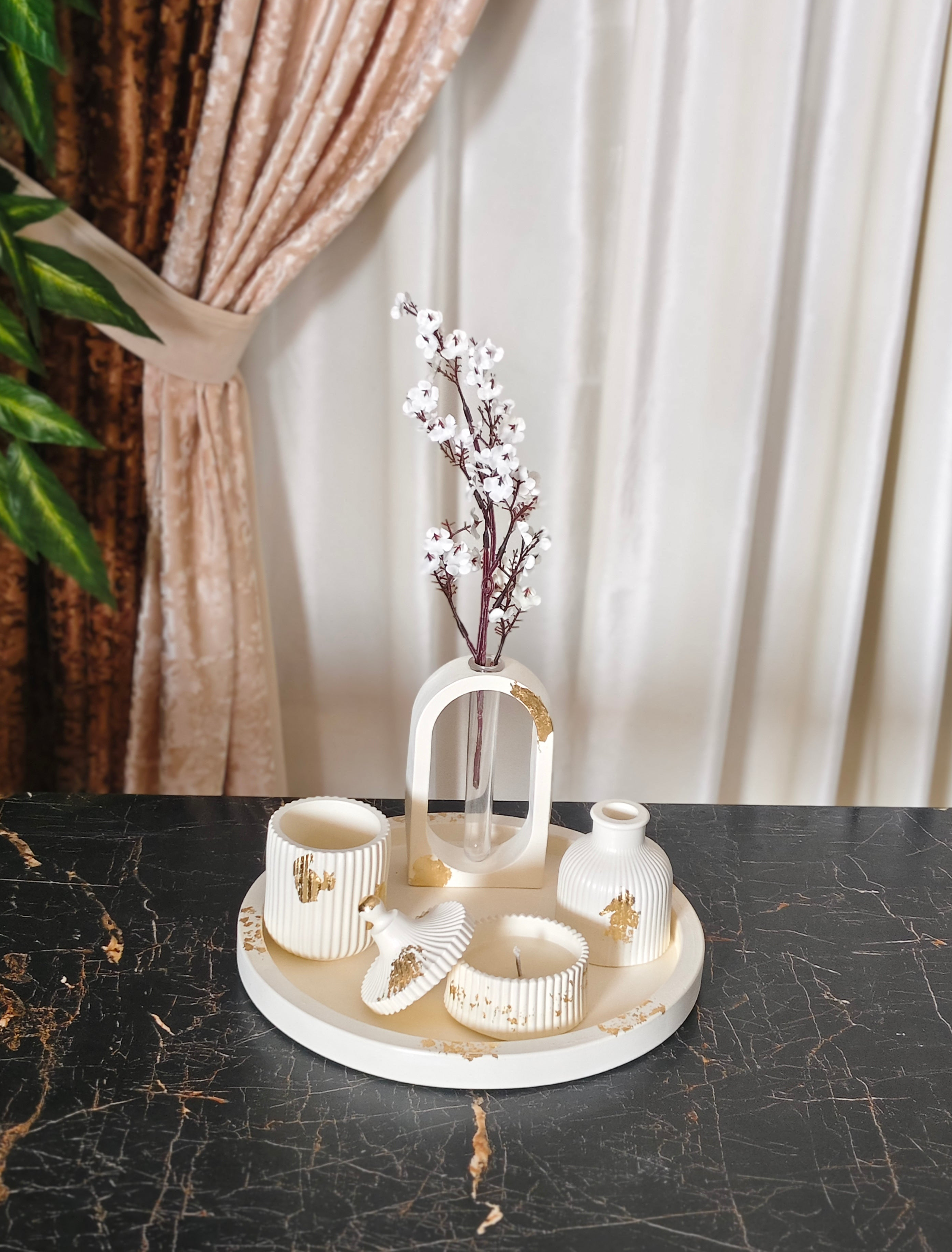 Round Tray, Trinket Jar,Striped jar, Ribbed Vase & Propagation Vase Bundle 20 With Gold foil