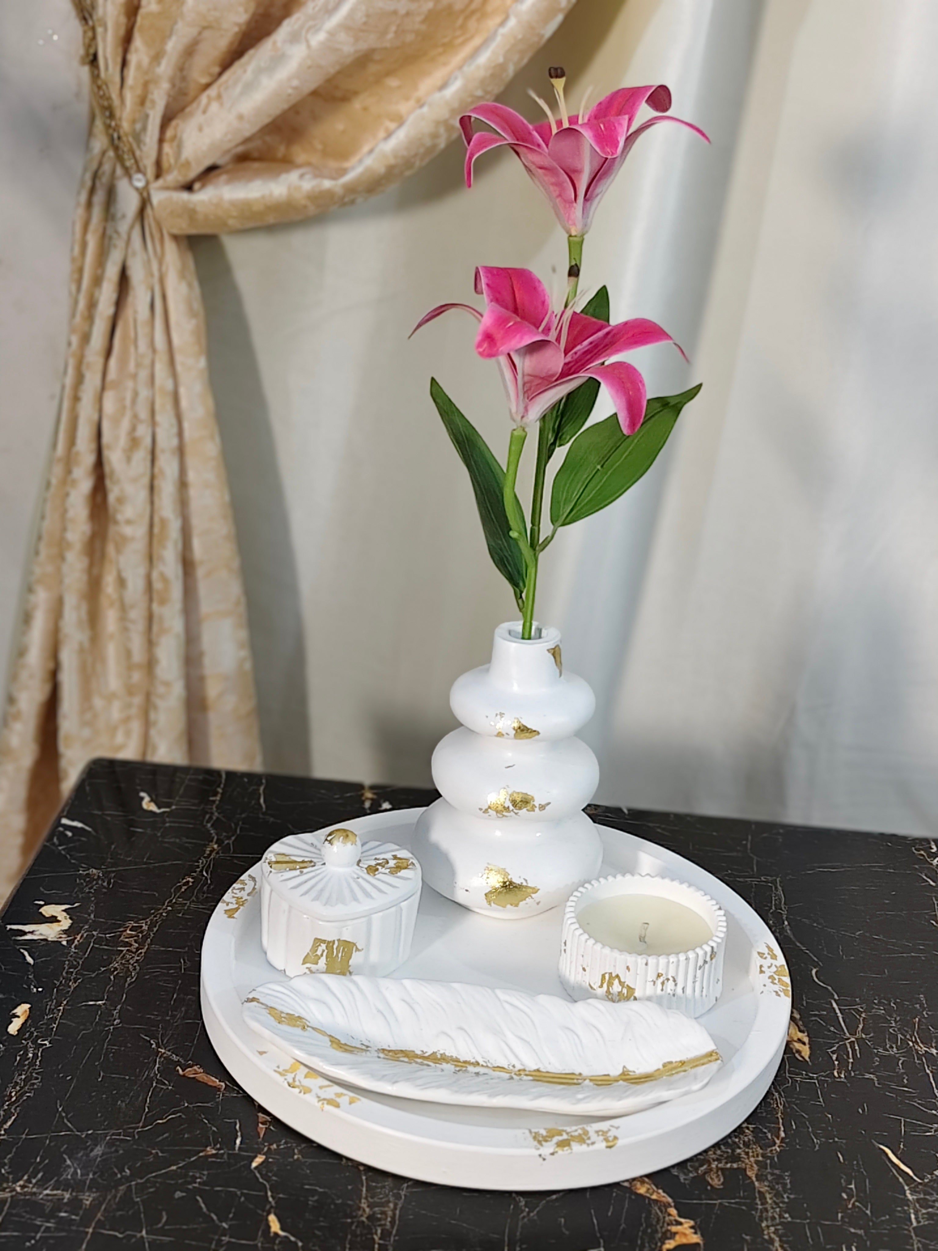 Round Tray, Nordic Vase,Heart Jar, Trinket pot & Feather Leaf Bundle 77 With Gold foil